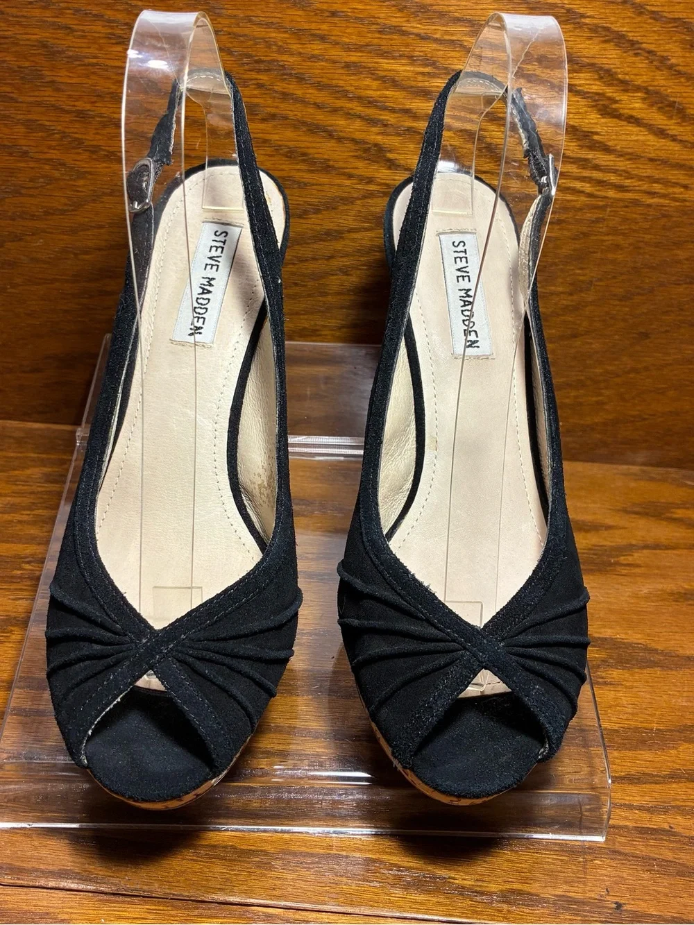 Y2K Steve Madden Cork Platform Slingback Peep Toe Heels Black Suede Size 8